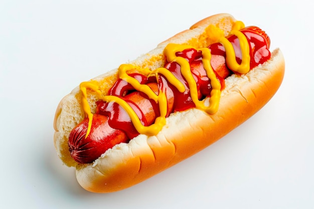 Hot dog clásico con ketchup y salsa de mostaza aislado sobre fondo blanco.