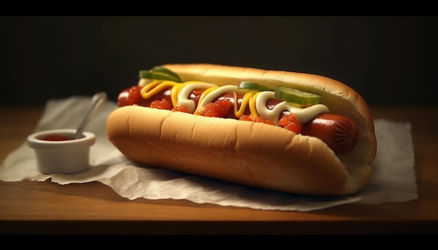 Foto gratuita hot dog a la parrilla sobre pan con ketchup y cebolla generado por inteligencia artificial