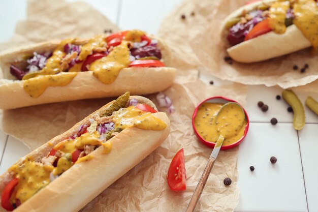 hot dog con salsa sobre superficie blanca