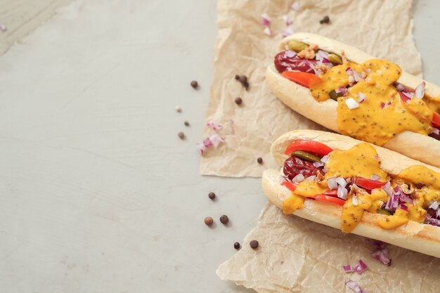 hot dog con salsa sobre superficie blanca