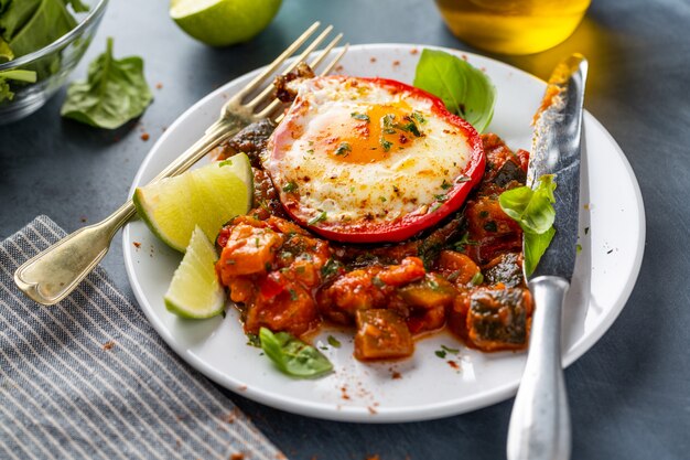 Huevo frito con verduras en plato