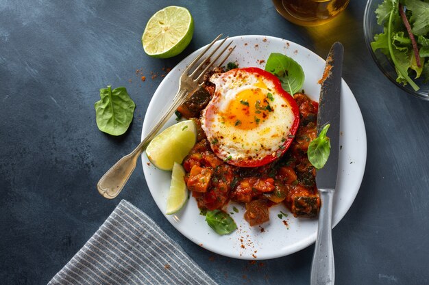 Huevo frito con verduras en plato