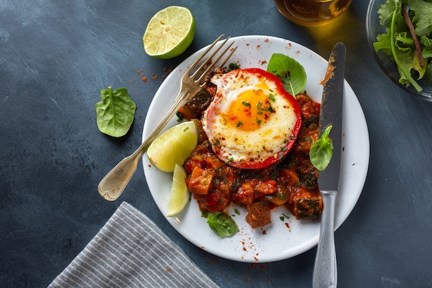 Huevo frito con verduras en plato