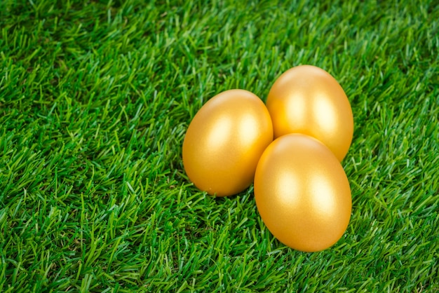 Foto gratuita huevo de pascua de oro en una hierba verde