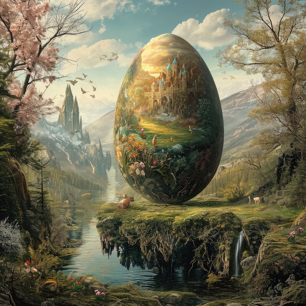 Foto gratuita huevo de pascua surrealista con paisaje de mundo de fantasía