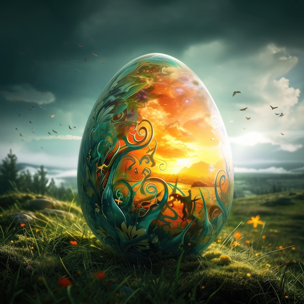 Huevo de Pascua surrealista con paisaje de mundo de fantasía