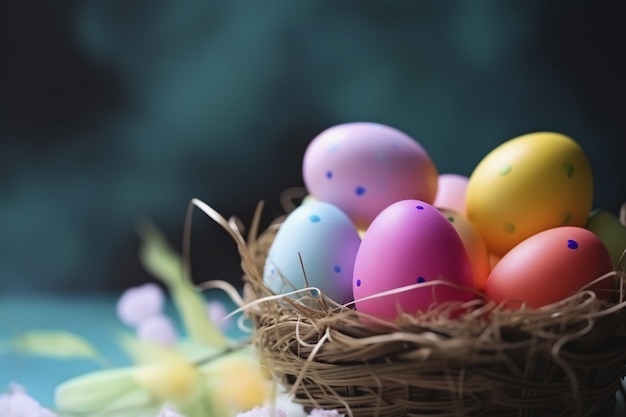 Foto gratuita huevos decorativos de pascua en cesta