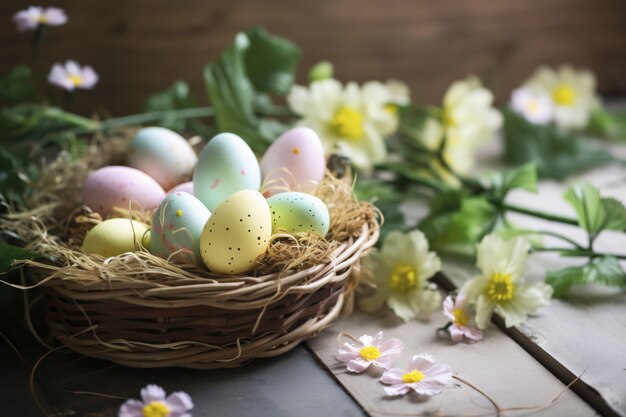 Huevos decorativos de Pascua en cesta