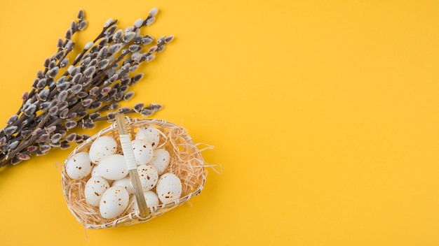 Huevos de gallina blanca en canasta con ramas de sauce