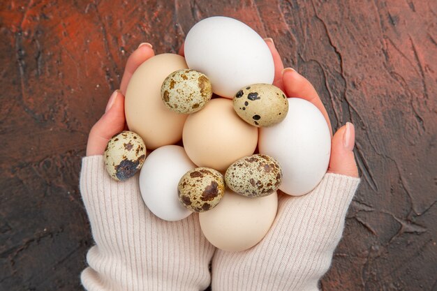 Huevos de gallina blanca vista superior en manos femeninas sobre la mesa oscura