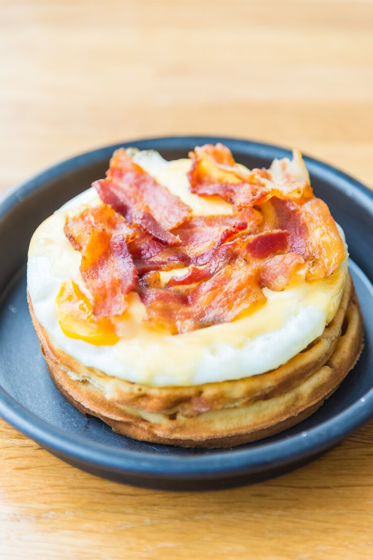 Foto gratuito huevos y gofres de tocino