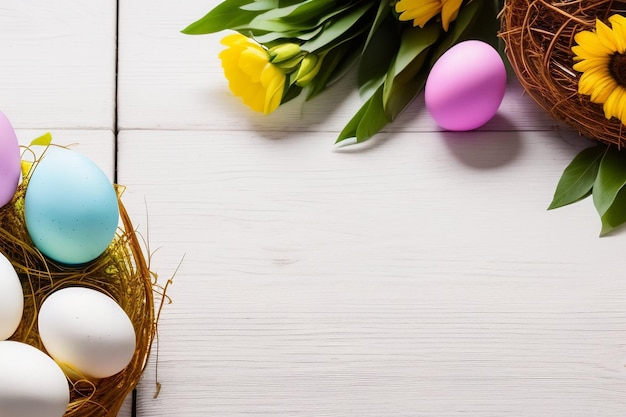Huevos de pascua en una canasta con flores en una mesa de madera blanca