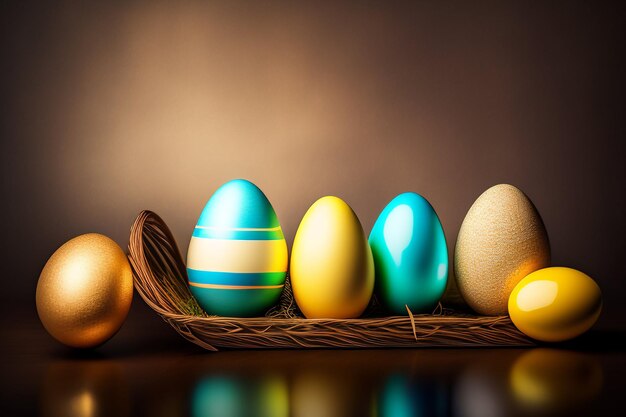 Huevos de Pascua en una canasta sobre una mesa