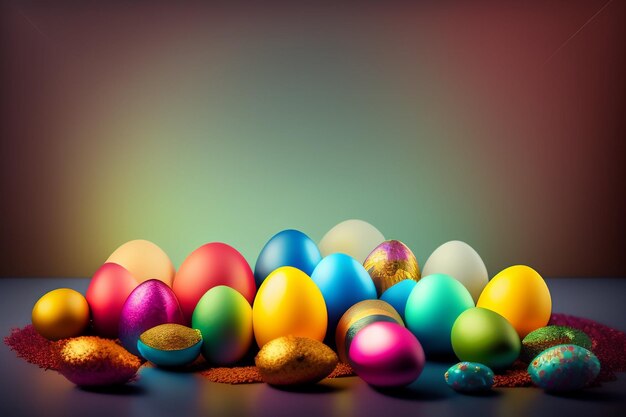 Huevos de pascua en un fondo colorido con muchos huevos coloridos