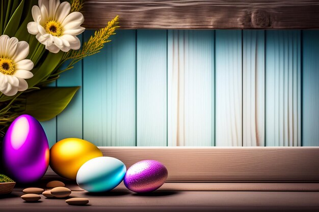 Huevos de Pascua en una mesa de madera con un jarrón de flores y un jarrón de flores.