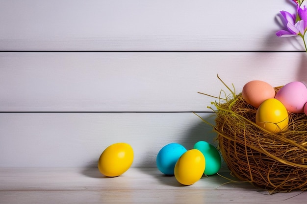 Huevos de Pascua en una mesa de madera con una pizarra blanca al fondo.