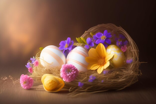 Huevos de Pascua en un nido con flores y una flor morada.