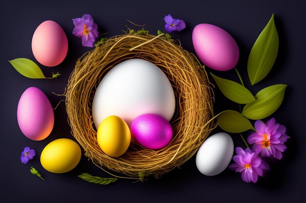 Huevos de pascua en un nido con flores moradas