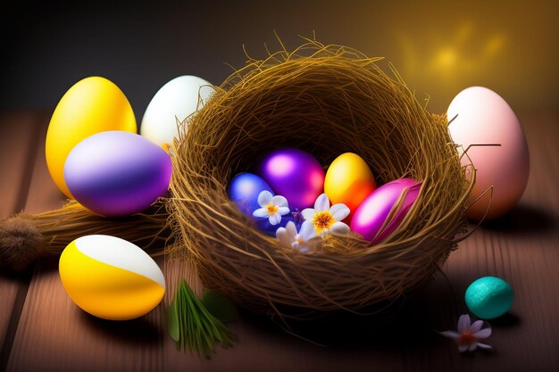 Huevos de pascua en un nido con flores sobre un fondo oscuro
