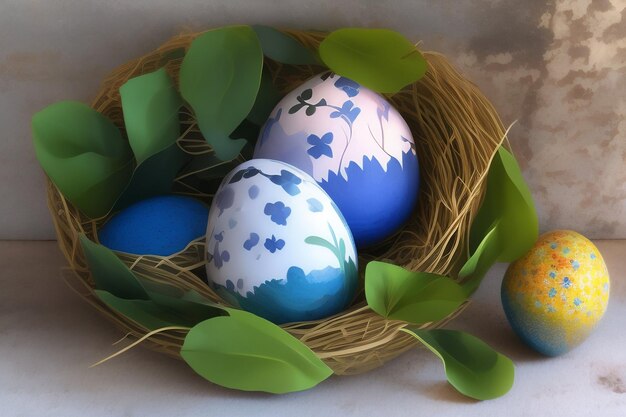 Huevos de pascua en un nido con hojas y flores azules.