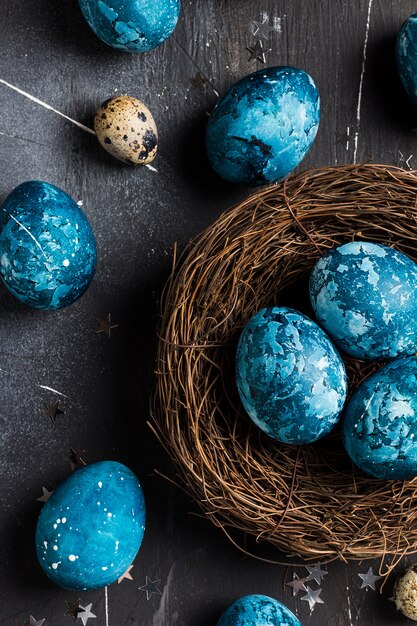 Huevos de Pascua en nido pintados a mano en azul.