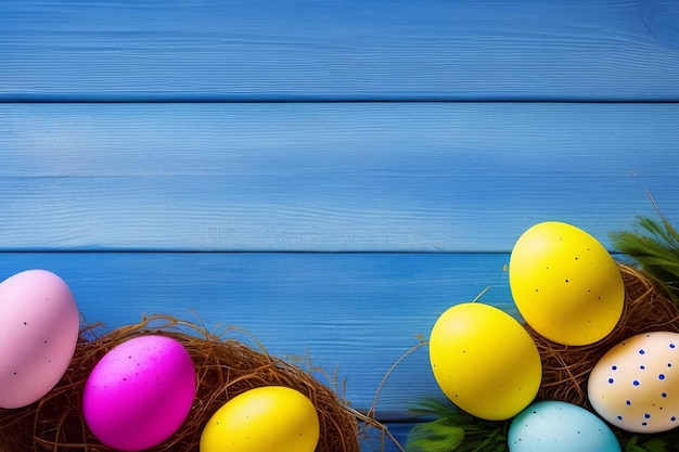 Huevos de Pascua en un nido sobre un fondo azul.