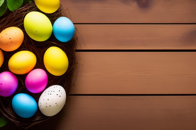 Foto gratuita huevos de pascua en un nido sobre un fondo de madera