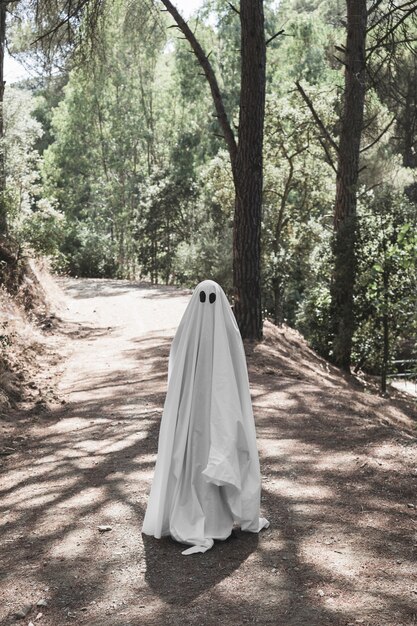 Humano en ropa fantasma de pie en la pasarela en el bosque