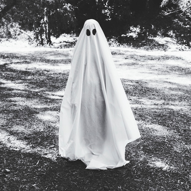 Foto gratuita humano en traje de fantasma en el bosque