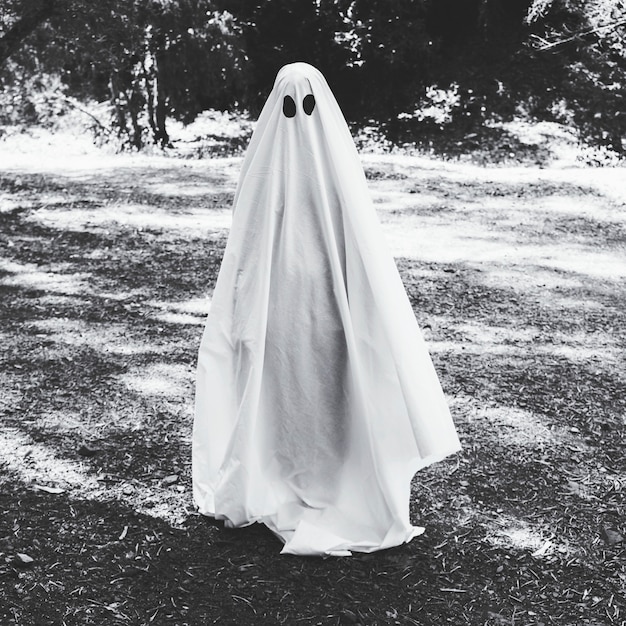 Humano en traje de fantasma en el bosque