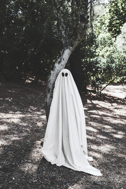 Foto gratuita humano en traje de fantasma cerca de árbol en el bosque