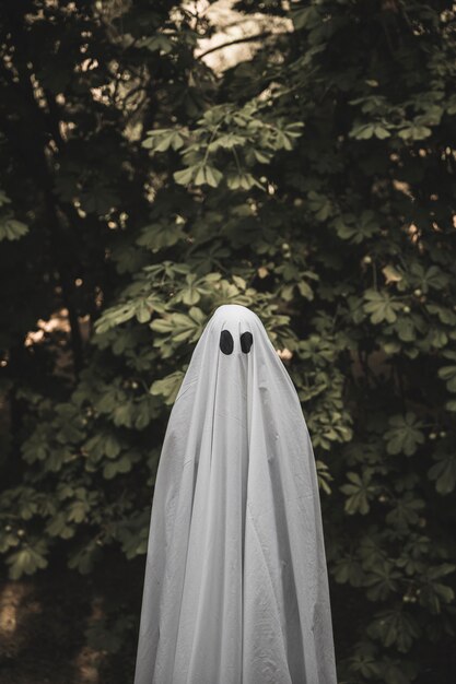 Humano en traje de fantasma de pie cerca de arbusto