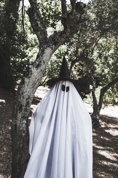 Foto gratuita humano en traje de fantasma y sombrero de mago cerca de árbol en el bosque