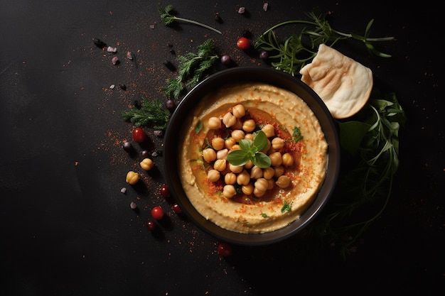 Foto gratuita hummus de garbanzos tradicional con pan de pita sobre fondo oscuro vista superior espacio de copia ai generativo