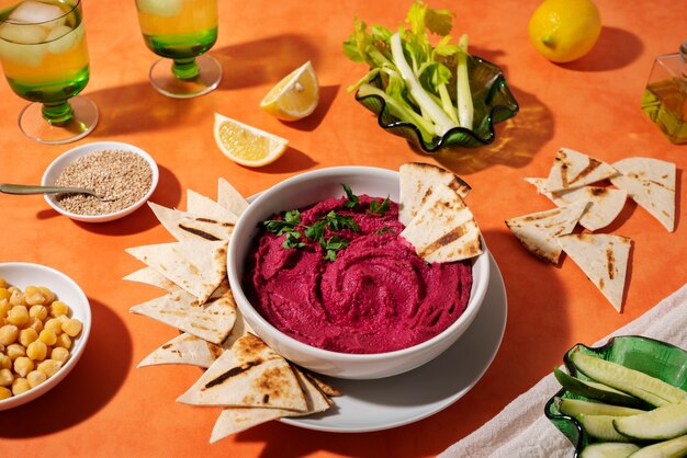 Hummus y verduras sabrosos de alto ángulo