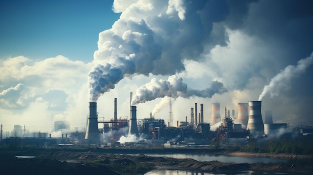 Foto gratuita el humo de la fábrica se eleva oscureciendo el cielo azul