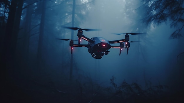 IA generativa un dron realiza un vuelo de reconocimiento en el bosque