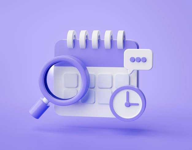 Icono de búsqueda de reloj de calendario púrpura interfaz de usuario de concepto de notificación de recordatorio sobre fondo púrpura ilustración de representación 3d