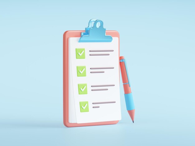 Icono de lista de verificación Portapapeles 3d con encuesta y pluma