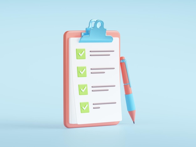 Icono de lista de verificación Portapapeles 3d con encuesta y pluma