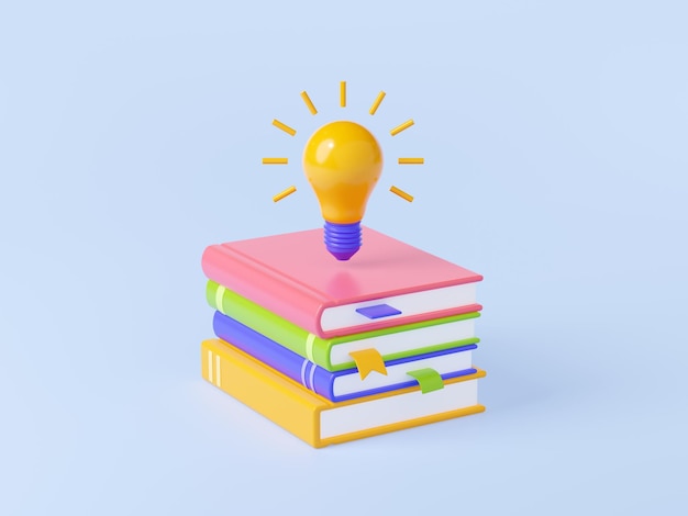Icono de renderización 3D de una pila de libros y una bombilla