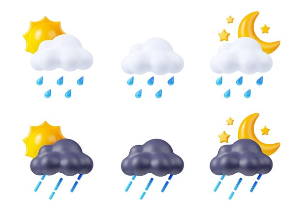 Iconos de clima lluvioso con nubes y gotas de agua