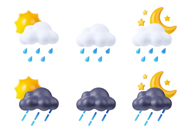 Iconos de clima lluvioso con nubes y gotas de agua