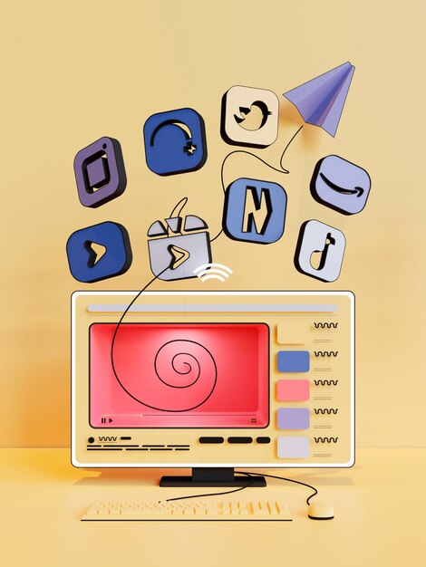 Iconos de comunicación y redes sociales en computadora personal.
