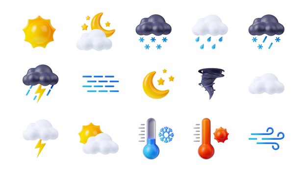 Iconos de pronóstico del tiempo 3D en fondo blanco