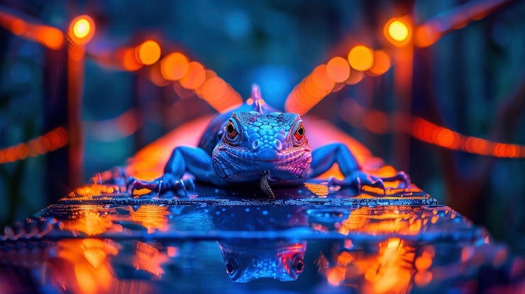 Foto gratuito iguana con luces de neón
