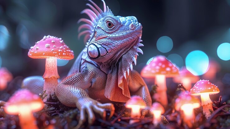 Foto gratuito iguana con luces de neón