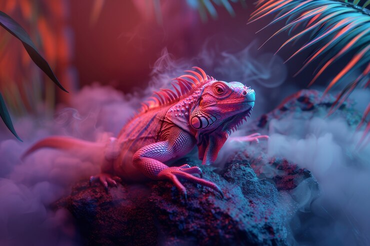 Foto gratuito iguana con luces de neón