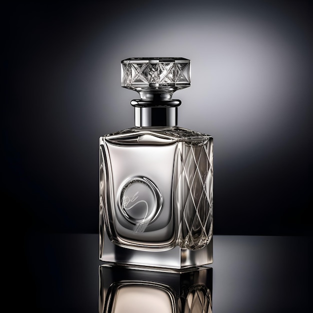 Ilustración en 3D de una botella de perfume sobre un fondo negro