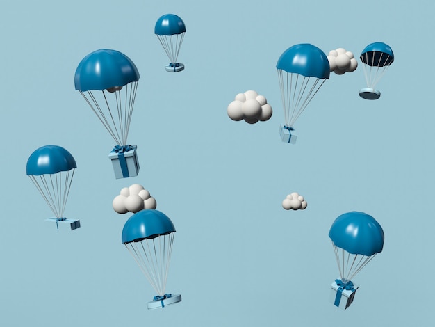 Ilustración 3D. Cajas de regalo volando en el cielo con paracaídas. Concepto de servicio de compras y entrega en línea.